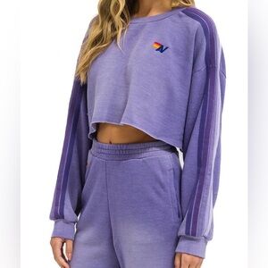 Aviator Nation CLASSIC STRIPE CROPPED CREW SWEATSHIRT RELAXED - FADED GRAPE sz m
